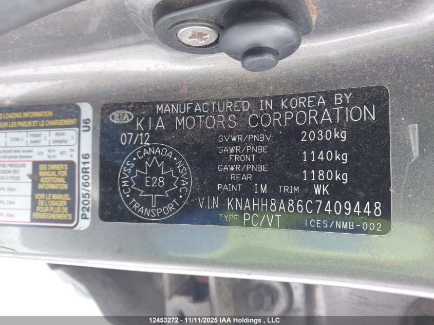 2012 Kia Rondo VIN: KNAHH8A86C7409448 Lot: 12453272