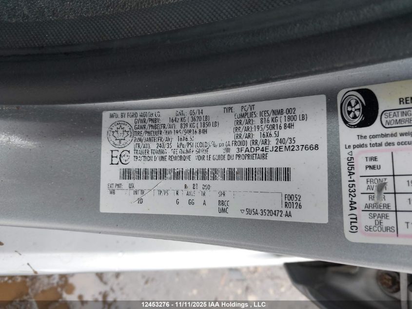 2014 Ford Fiesta Se VIN: 3FADP4EJ2EM237668 Lot: 12453276