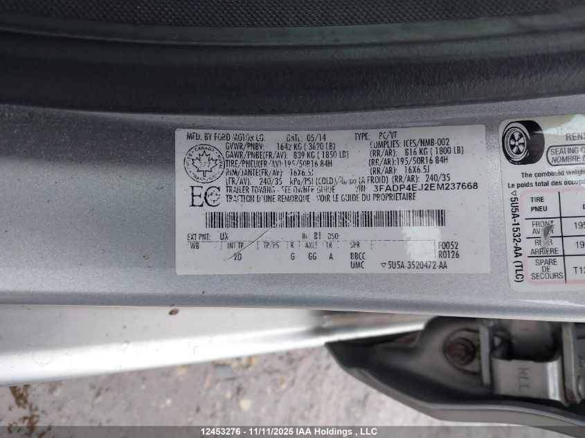 2014 Ford Fiesta Se VIN: 3FADP4EJ2EM237668 Lot: 12453276