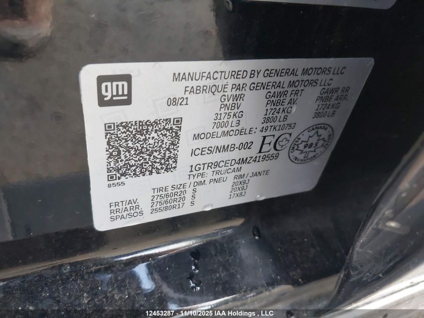 2021 GMC Sierra K1500 Elevation VIN: 1GTR9CED4MZ419559 Lot: 12453287