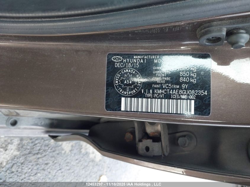 2016 Hyundai Accent VIN: KMHCT4AE8GU082354 Lot: 12453297