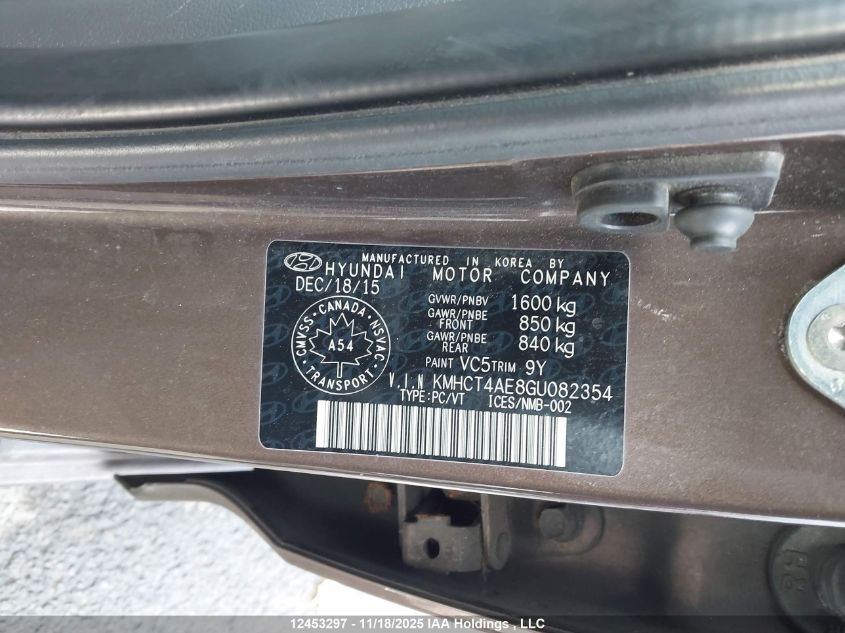 2016 Hyundai Accent VIN: KMHCT4AE8GU082354 Lot: 12453297