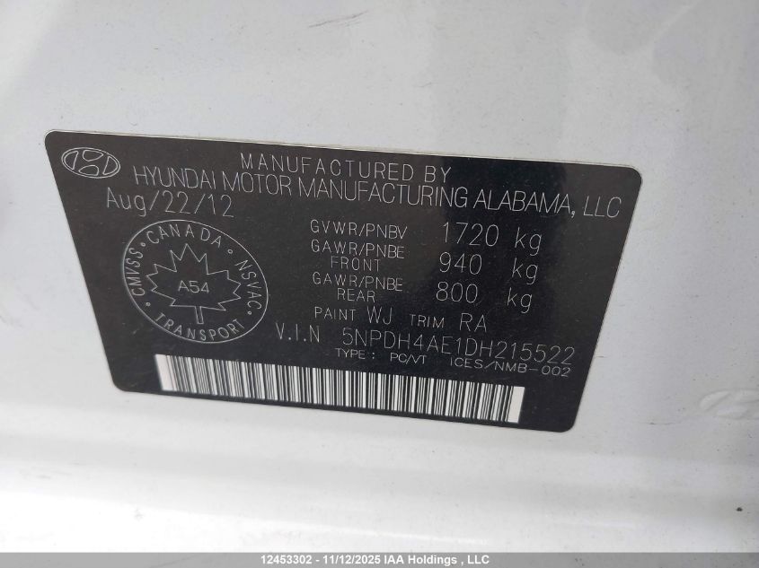 2013 Hyundai Elantra Gls VIN: 5NPDH4AE1DH215522 Lot: 12453302