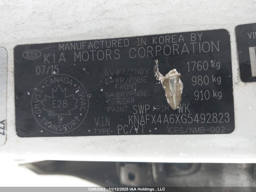 2016 Kia Forte VIN: KNAFX4A6XG5492823 Lot: 12453303