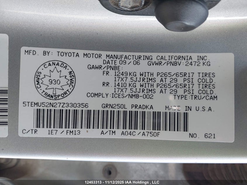 2007 Toyota Tacoma Double Cab Long Bed VIN: 5TEMU52N27Z330356 Lot: 12453313