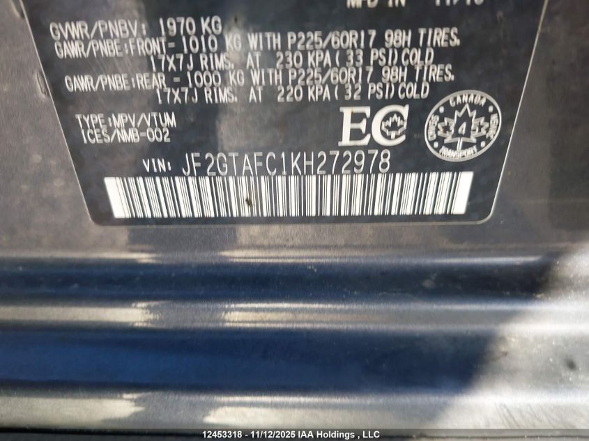 2019 Subaru Crosstrek Sport VIN: JF2GTAFC1KH272978 Lot: 12453318