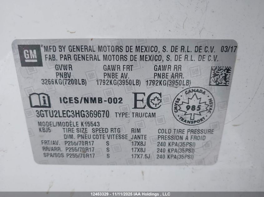 2017 GMC Sierra 1500 VIN: 3GTU2LEC3HG369670 Lot: 12453329