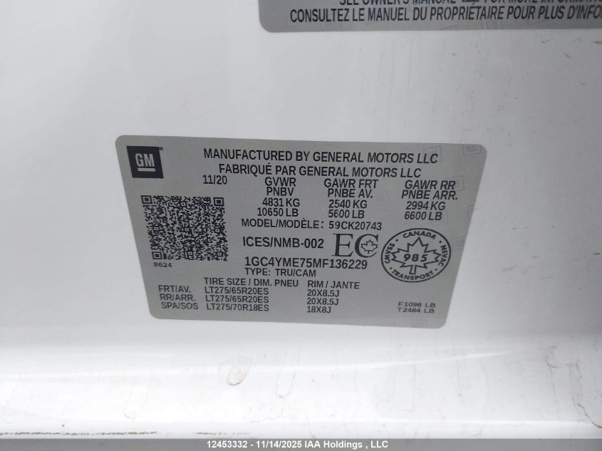 2021 Chevrolet Silverado 2500Hd VIN: 1GC4YME75MF136229 Lot: 12453332