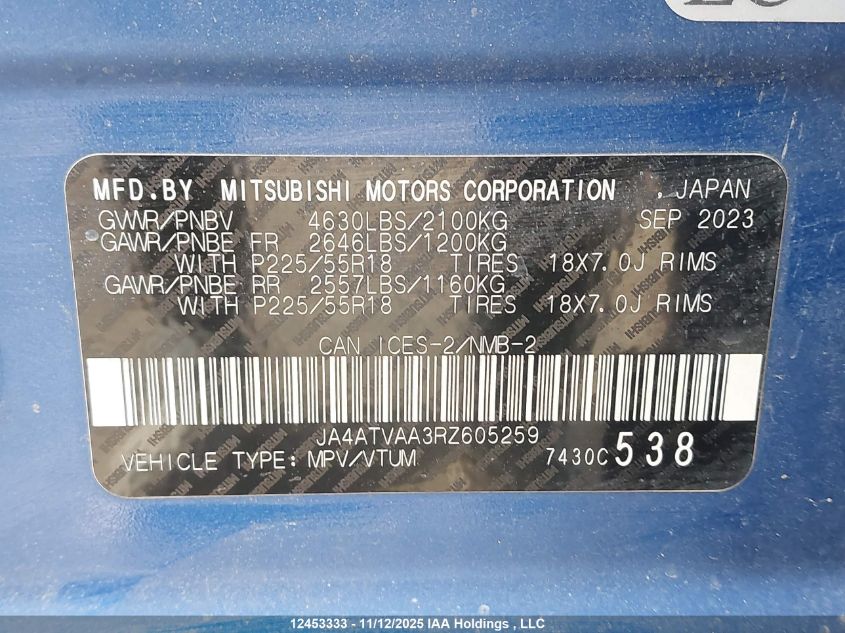2024 Mitsubishi Eclipse Cross Le/Ralliart VIN: JA4ATVAA3RZ605259 Lot: 12453333
