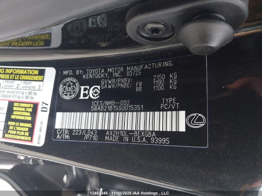 2025 Lexus Es 300H 300H VIN: 58AB21B15SU015351 Lot: 12453345