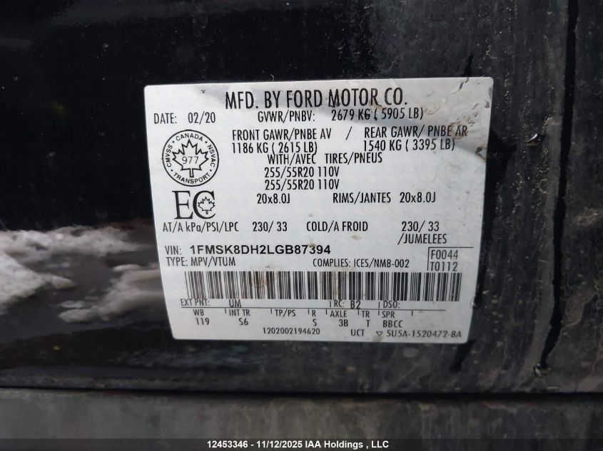 2020 Ford Explorer Xlt VIN: 1FMSK8DH2LGB87394 Lot: 12453346