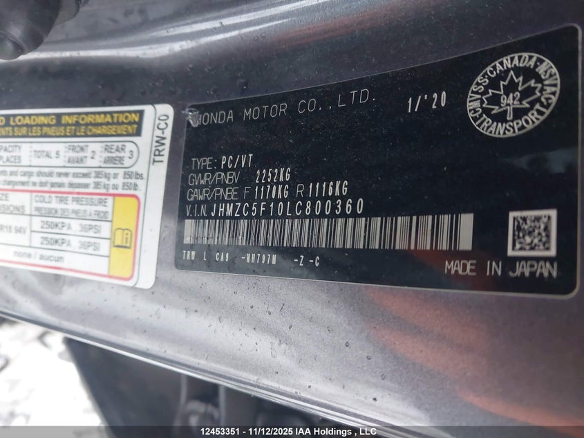 JHMZC5F10LC800360 2020 HONDA CLARITY photo no. 9