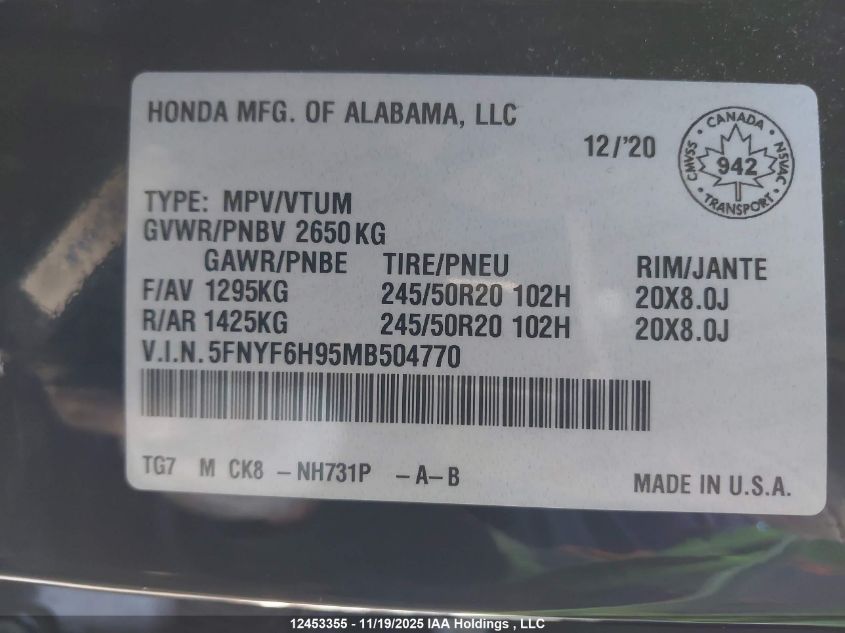 2021 Honda Pilot Touring 8P VIN: 5FNYF6H95MB504770 Lot: 12453355