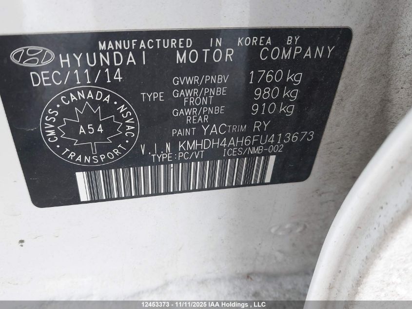 2015 Hyundai Elantra Gls VIN: KMHDH4AH6FU413673 Lot: 12453373