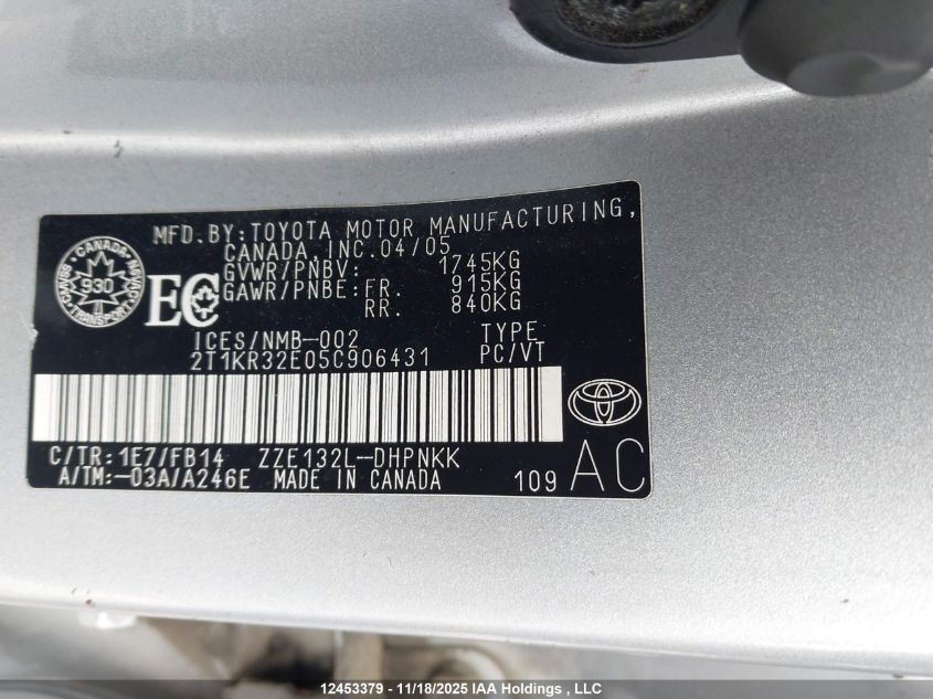 2005 Toyota Matrix Xr VIN: 2T1KR32E05C906431 Lot: 12453379