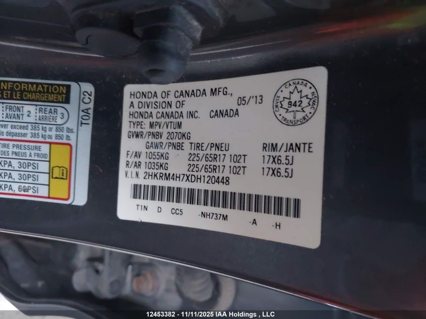 2013 Honda Cr-V Ex-L VIN: 2HKRM4H7XDH120448 Lot: 12453382