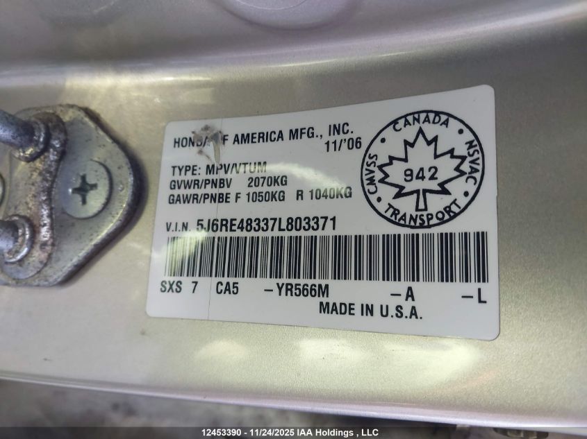 2007 Honda Cr-V Lx VIN: 5J6RE48337L803371 Lot: 12453390