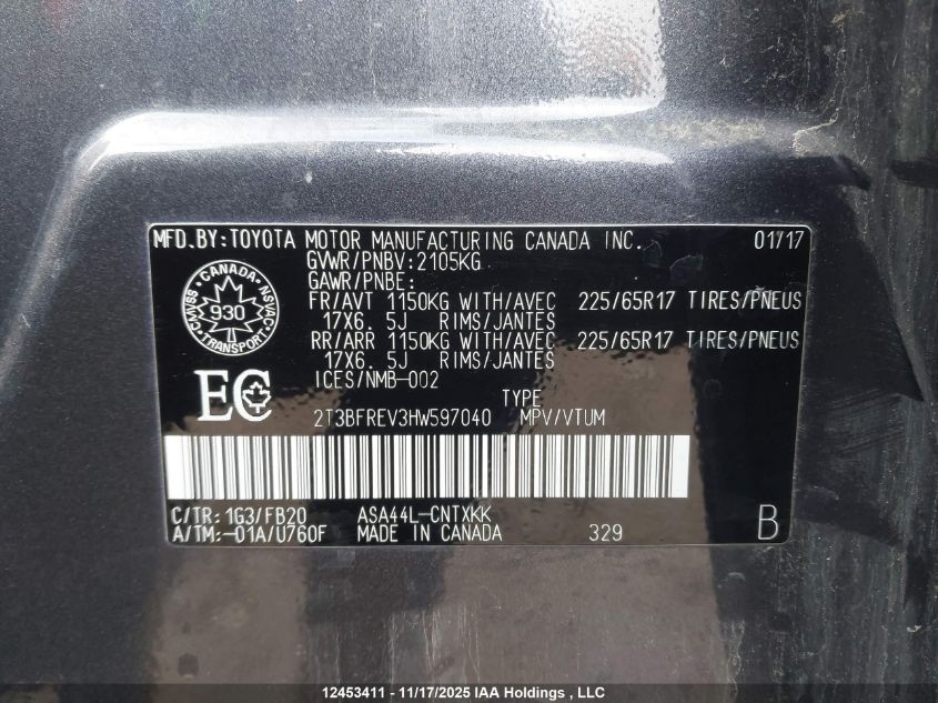 2017 Toyota Rav4 Le VIN: 2T3BFREV3HW597040 Lot: 12453411