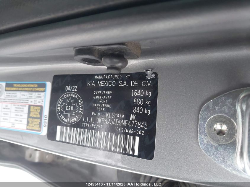 2022 Kia Rio S VIN: 3KPA25AD9NE477845 Lot: 12453413