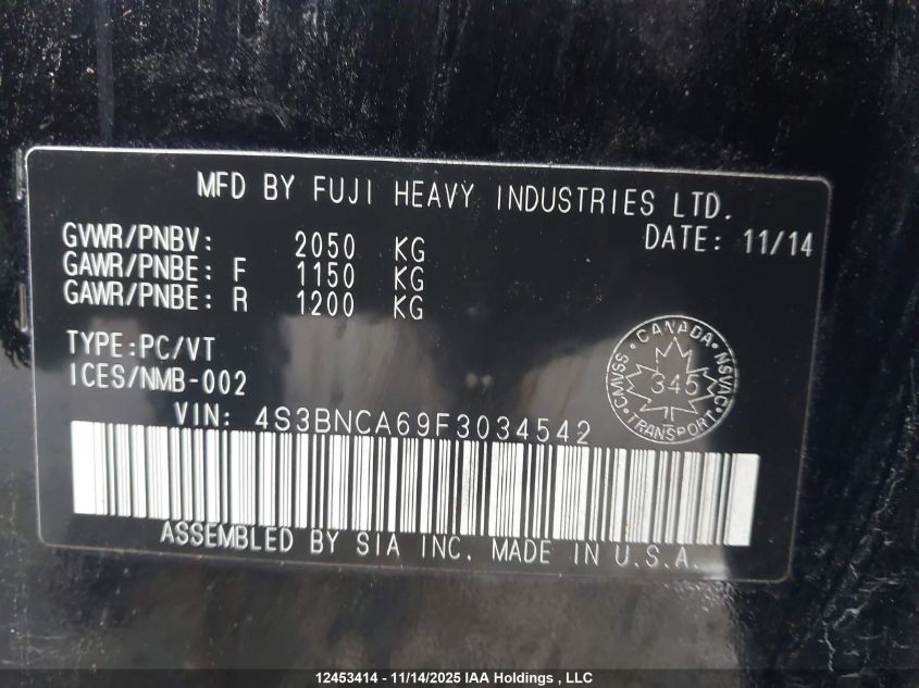 2015 Subaru Legacy 2.5I VIN: 4S3BNCA69F3034542 Lot: 12453414