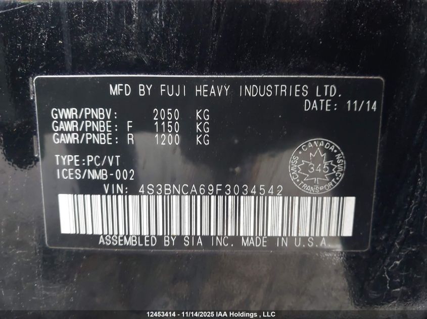 2015 Subaru Legacy 2.5I VIN: 4S3BNCA69F3034542 Lot: 12453414