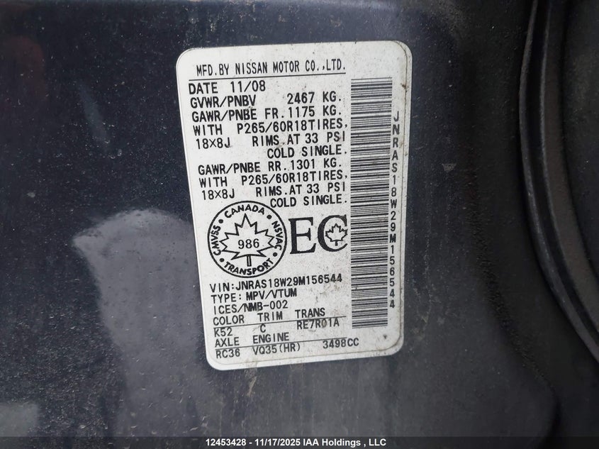 2009 Infiniti Fx35 VIN: JNRAS18W29M156544 Lot: 12453428