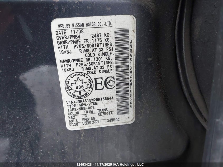 2009 Infiniti Fx35 VIN: JNRAS18W29M156544 Lot: 12453428