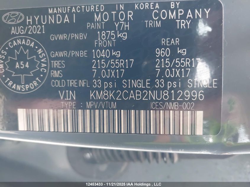 2022 Hyundai Kona Sel/Se VIN: KM8K2CAB2NU812996 Lot: 12453433