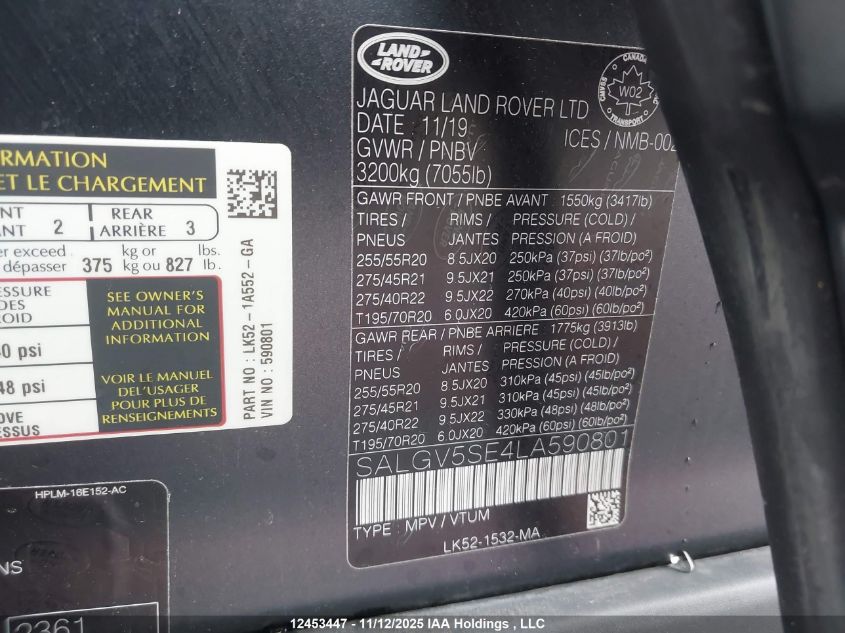 2020 Land Rover Range Rover 5.0L V8 Supercharged P525 Hse VIN: SALGV5SE4LA590801 Lot: 12453447