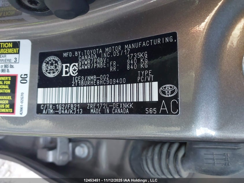 2017 Toyota Corolla Le VIN: 2T1BURHE8HC909400 Lot: 12453451