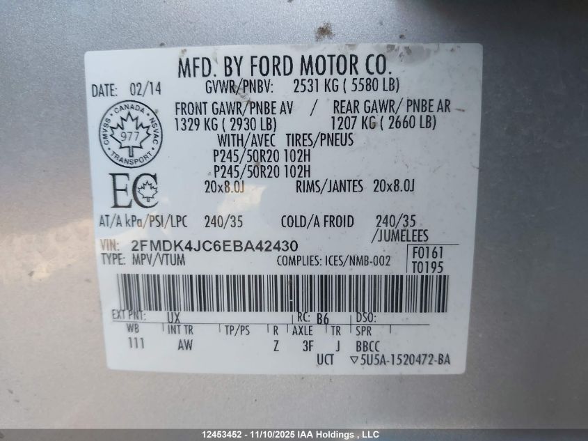 2014 Ford Edge Sel VIN: 2FMDK4JC6EBA42430 Lot: 12453452