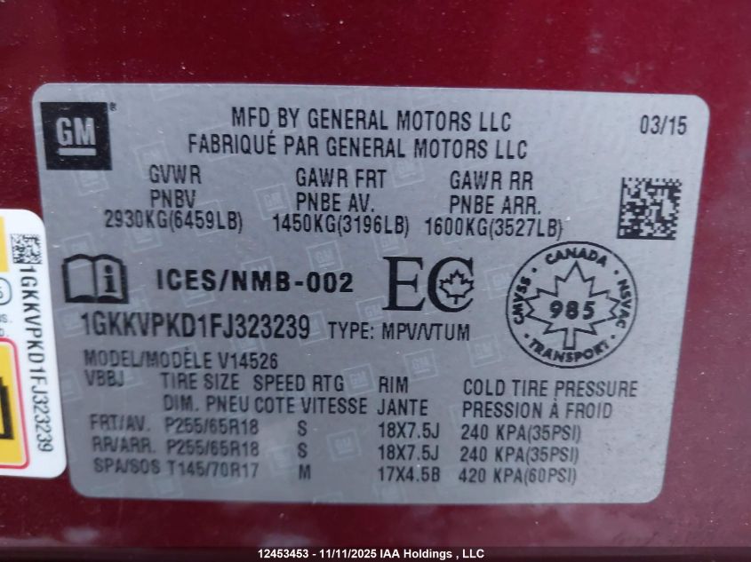 2015 GMC Acadia Sle2 VIN: 1GKKVPKD1FJ323239 Lot: 12453453