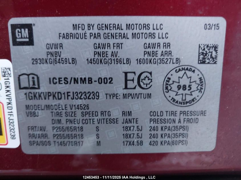 2015 GMC Acadia Sle2 VIN: 1GKKVPKD1FJ323239 Lot: 12453453