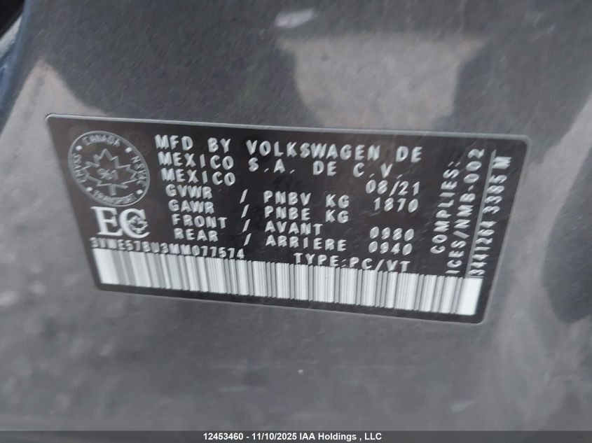 2021 Volkswagen Jetta Highline VIN: 3VWE57BU3MM077574 Lot: 12453460