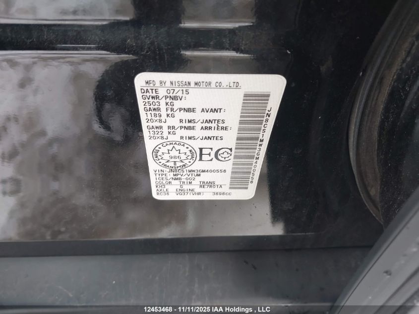 2016 Infiniti Qx70 Sport VIN: JN8CS1MW3GM400556 Lot: 12453468