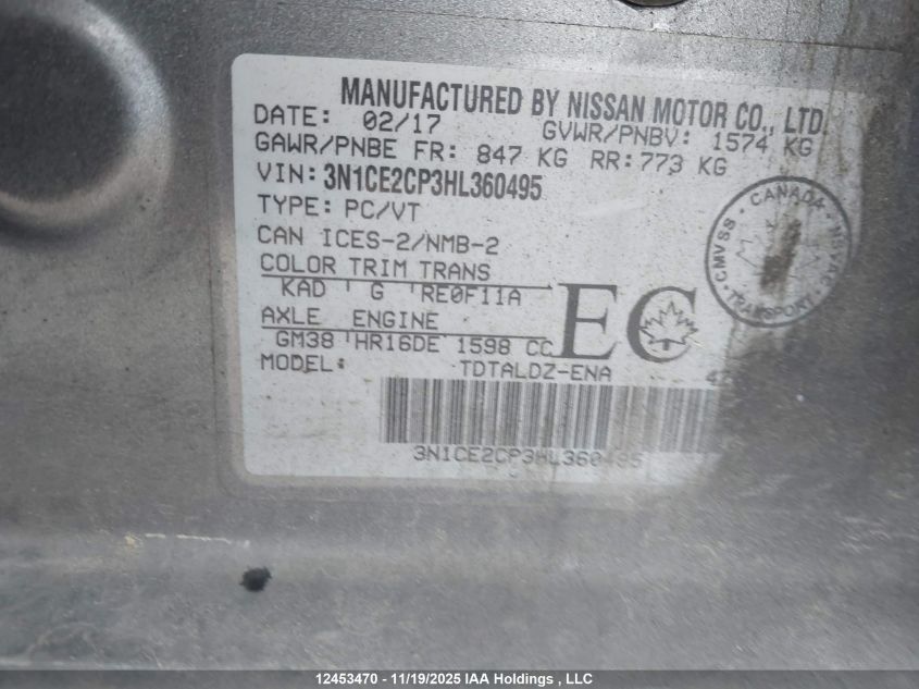 2017 Nissan Versa Note S/S Plus/Sv/Sl/Sr VIN: 3N1CE2CP3HL360495 Lot: 12453470