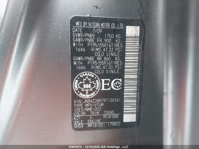 2009 Nissan Cube VIN: JN8AZ28R79T120161 Lot: 12453475