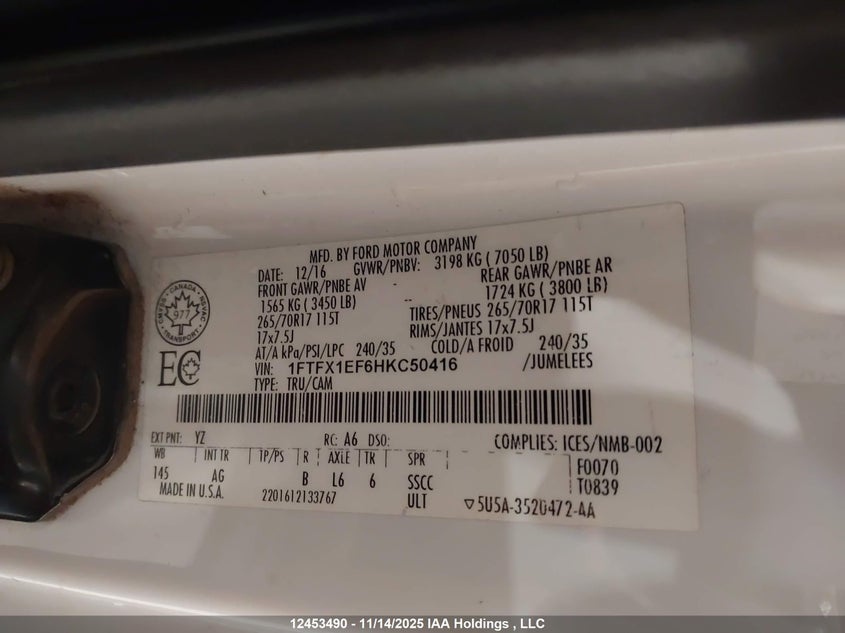 2017 Ford F150 Super Cab VIN: 1FTFX1EF6HKC50416 Lot: 12453490