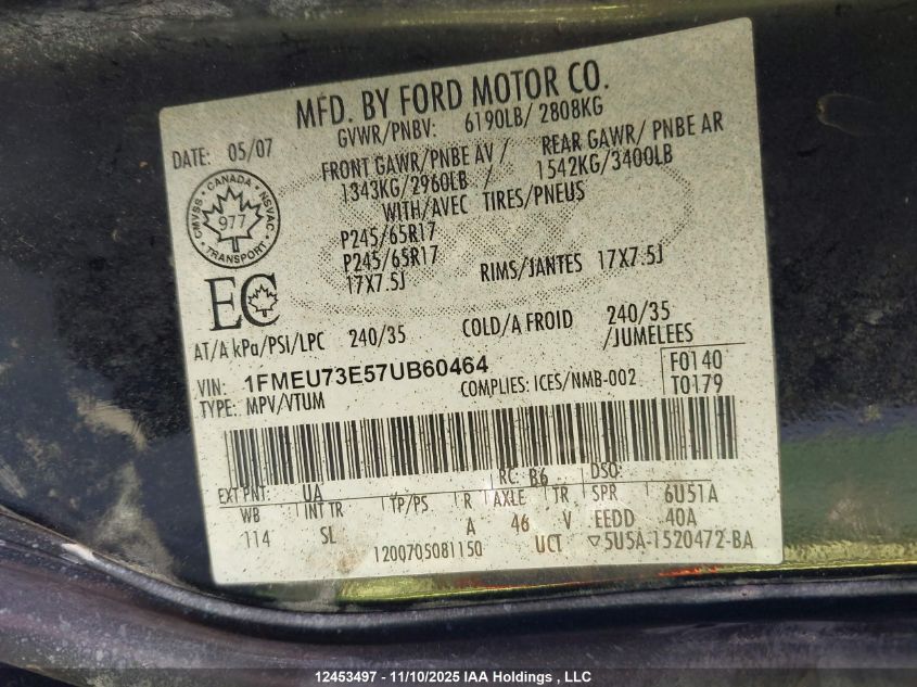 2007 Ford Explorer Xlt VIN: 1FMEU73E57UB60464 Lot: 12453497