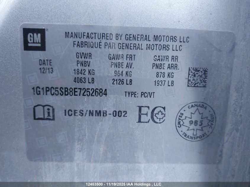 2014 Chevrolet Cruze 1Lt VIN: 1G1PC5SB8E7252684 Lot: 12453500