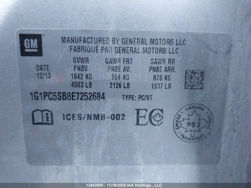 2014 Chevrolet Cruze 1Lt VIN: 1G1PC5SB8E7252684 Lot: 12453500