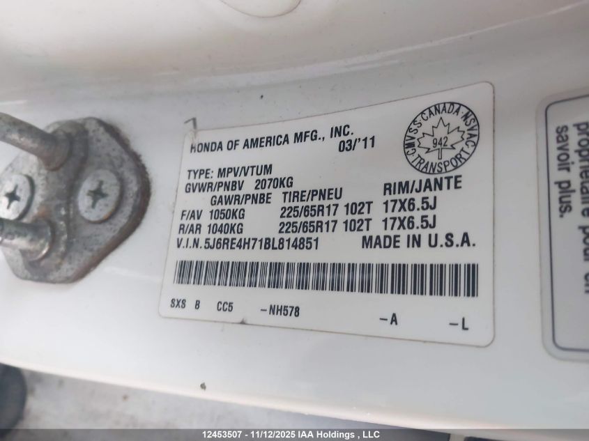 2011 Honda Cr-V Ex-L VIN: 5J6RE4H71BL814851 Lot: 12453507