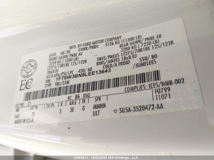 2020 Ford F350 Super Duty VIN: 1FT8W3BN8LEE13643 Lot: 12453511