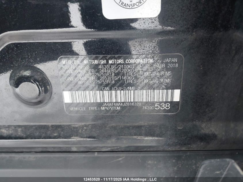 2018 Mitsubishi Eclipse Cross Gt/Se VIN: JA4AT4AA4JZ616320 Lot: 12453520
