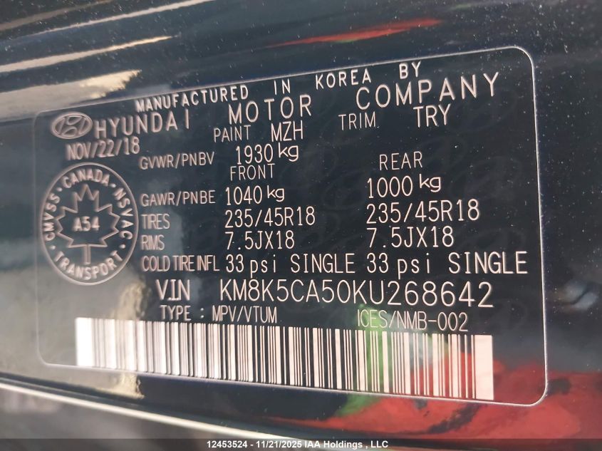 2019 Hyundai Kona 1.6T Ultimate VIN: KM8K5CA50KU268642 Lot: 12453524
