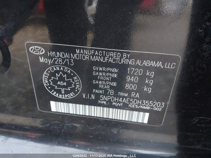 2013 Hyundai Elantra Gl VIN: 5NPDH4AE5DH355203 Lot: 12453532