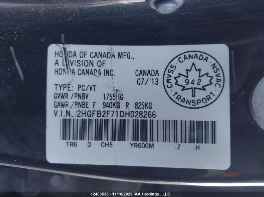 2013 Honda Civic Touring VIN: 2HGFB2F71DH028266 Lot: 12453533