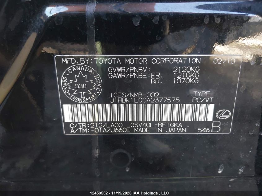 2010 Lexus Es 350 350 VIN: JTHBK1EG0A2377575 Lot: 12453552