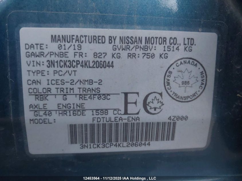 2019 Nissan Micra S/Sr/Sv VIN: 3N1CK3CP4KL206044 Lot: 12453564