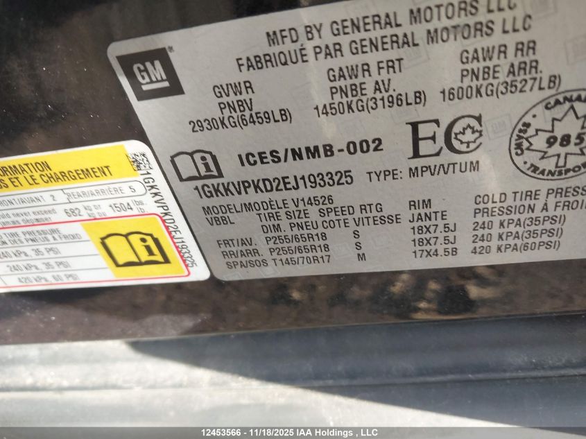 2014 GMC Acadia Sle2 VIN: 1GKKVPKD2EJ193325 Lot: 12453566